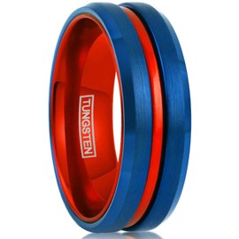 Super 6mm/8mm Brushed Finish Royal Blue Tungsten Carbide Band Ring w/Bright Red Stripe, Beveled Edges, & Red Anodized Aluminum Comfort Fit Inner Band. (Tungsten (8mm), 9.5)