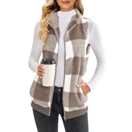 ReachMe Womens Fuzzy Fleece Vest Sleeveless Sherpa Jacket with Pockets Warm Fluffy Zip Up Outerwear Coats(A-Khaki Plaid,M)