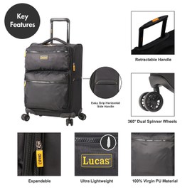 Lucas Ultra Lightweight Carry On - Softside 22.8-inch Expandable Luggage - Small Rolling Bag Fits Most Airline Compartments - Durable 8-Spinner Wheels Suitcase (Black)