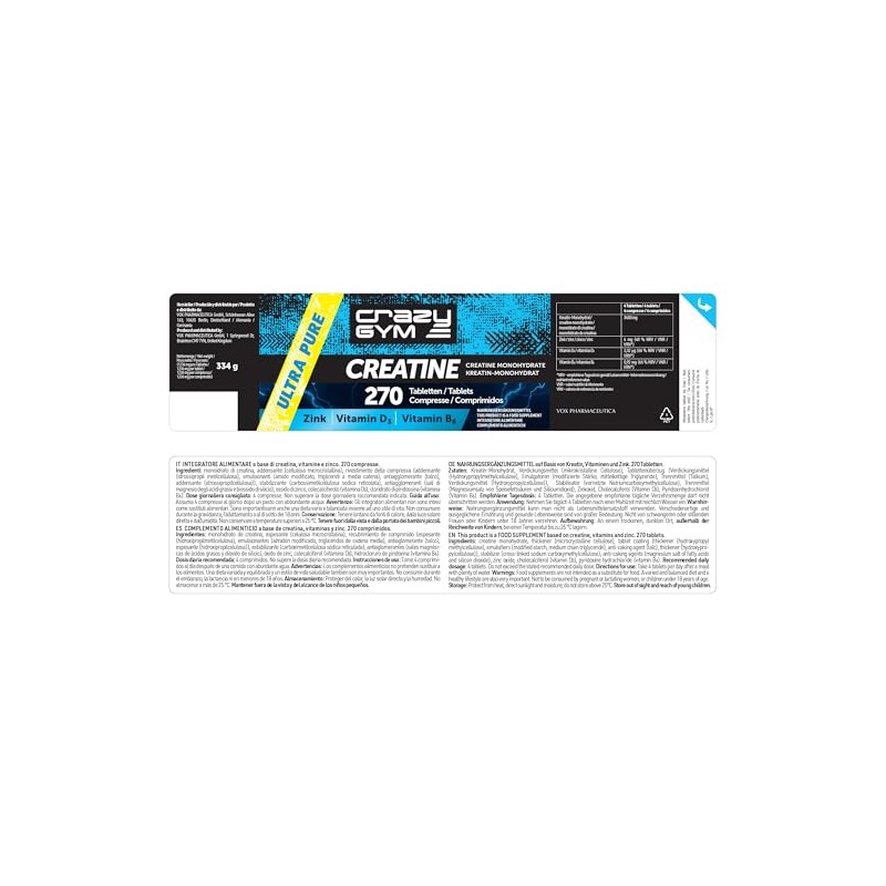 270 Tablets. Creatine Monohydrate, Vitamin D3, Vitamin B6 & Zinc–