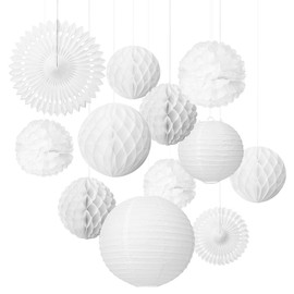 Lihao 12 x Lanterns Pom Poms Honeycomb Balls Fan Decoration Set White for Wedding Celebration Birthday Party School Party Theme Party Baby Shower Party (Multi-Way)