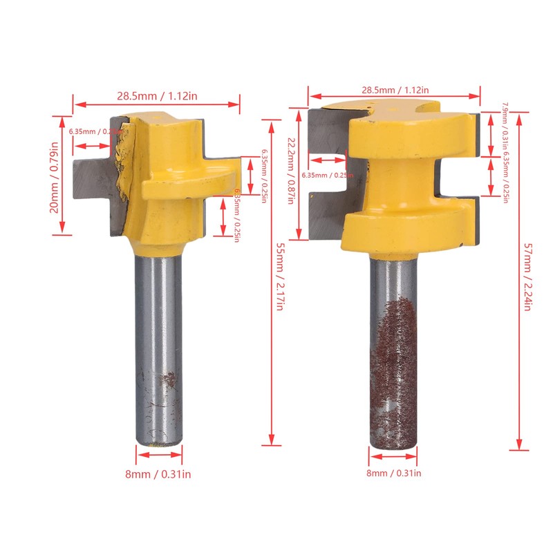 2 Pieces Tongue Groove Milling Cutter, 8 mm Shank Groove