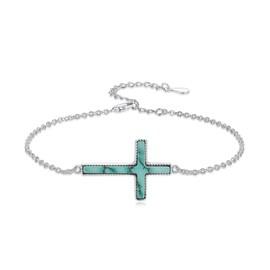 BETHZA Turquoise Cross Bracelet 925 Sterling Silver Real Turquoise Gemstone Adjustable Link Bracelets Jewelry for Women