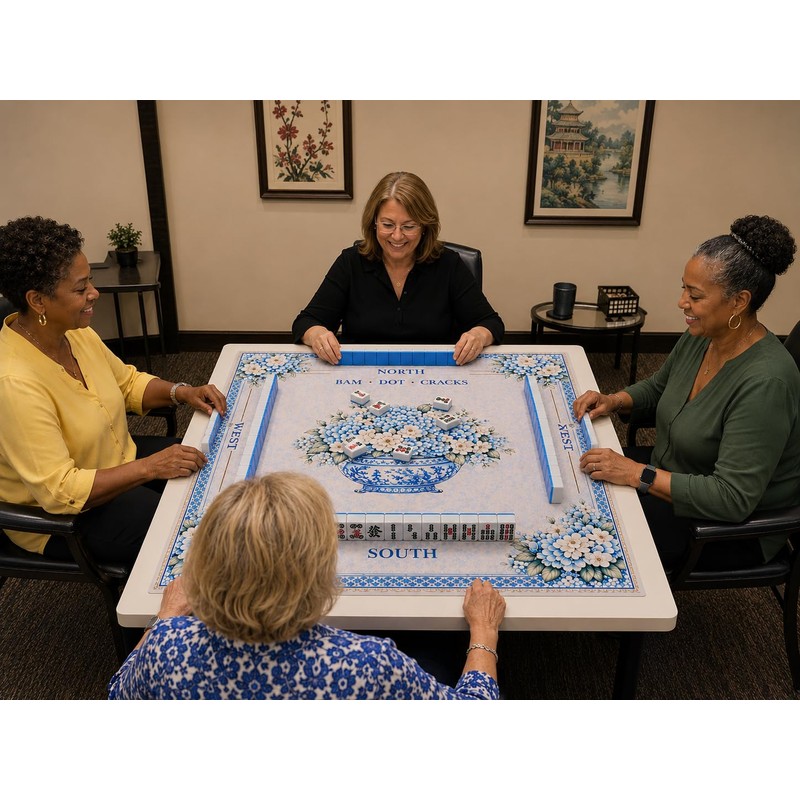 AVAONE American Mahjong Mat 33x33 Inch, Blue Porcelain Floral with