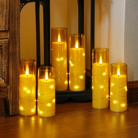 Yeelida Gold Flameless Candles with Remote and String Light, 2.2"x 5",5",6",7",7",8" LED Battery Operated Plastic Flickering Timer Pillar Candles(Pack of 6,Turn On/Off String Light Mode)