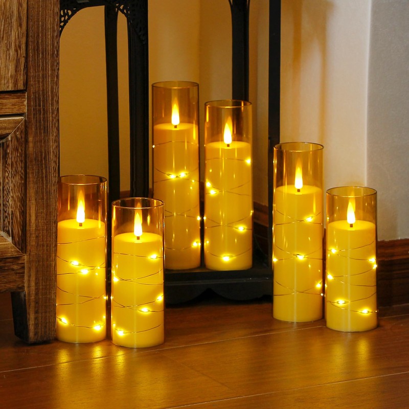 Yeelida Gold Flameless Candles with Remote and String Light, 2.2"x