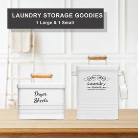 SSTATES Laundry Room Organization Set, Metal Laundry Detergent Pods Container and Dryer Sheet Holder with Lid, Laundry Powder Storage Bin with Scoop for Farmhouse Decor, (2 Pack, White)