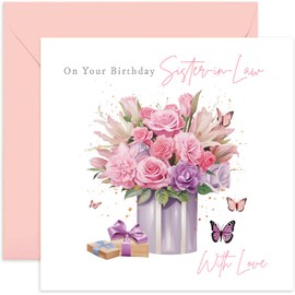 Old English Co. Sister-in-Law Birthday Card Floral - Bouquet Birthday Card for Her - Pretty Greeting Cards For Women - Butterflies and Flowers - Gifts For Sister-in-law | Blank Inside