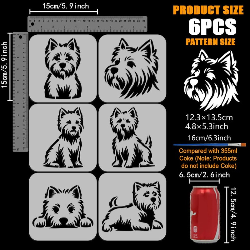 FINGERINSPIRE 6PCS West Highland White Terrier Stencils with Brush 15x15cm