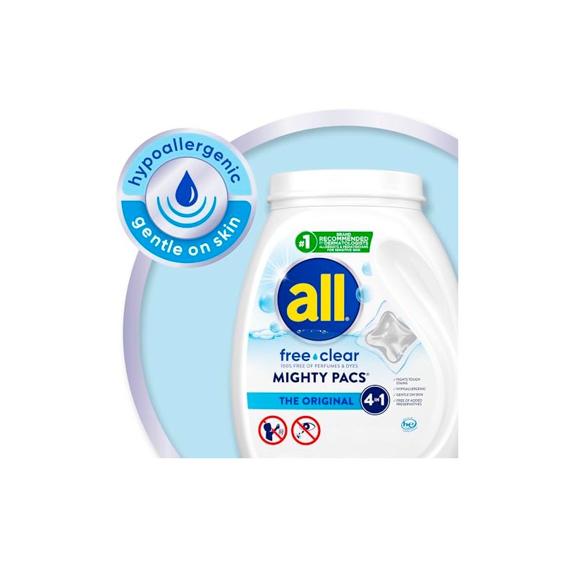 all Unit Dose Laundry Detergent, Mighty Pacs, Free Clear, 132
