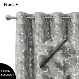 always4u 100% Blackout Metallic Look Geometry Foil Print Velvet Curtains Luxury Texture Drapes for Living Room Bedroom 2 Panels Silver 54 * 95