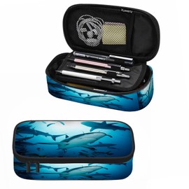 Xuwenz Sharks Pencil Case Organizer Ocean Sea Fish Light Blue Stationery Box Makeup Box School Supply for Boy Girl Men Women