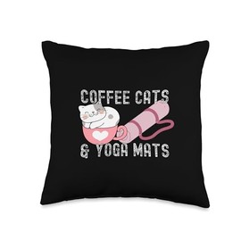Coffee Cats and Yoga Mats Funny Workout Apparel Throw Pillow, 16x16, Multicolor