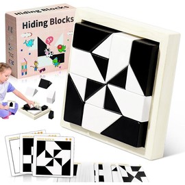 Hidden Children's Blocks Black and White 3D Geometric Block Puzzles for Early Learning Ages 3 and Up, Includes Storage Tray
