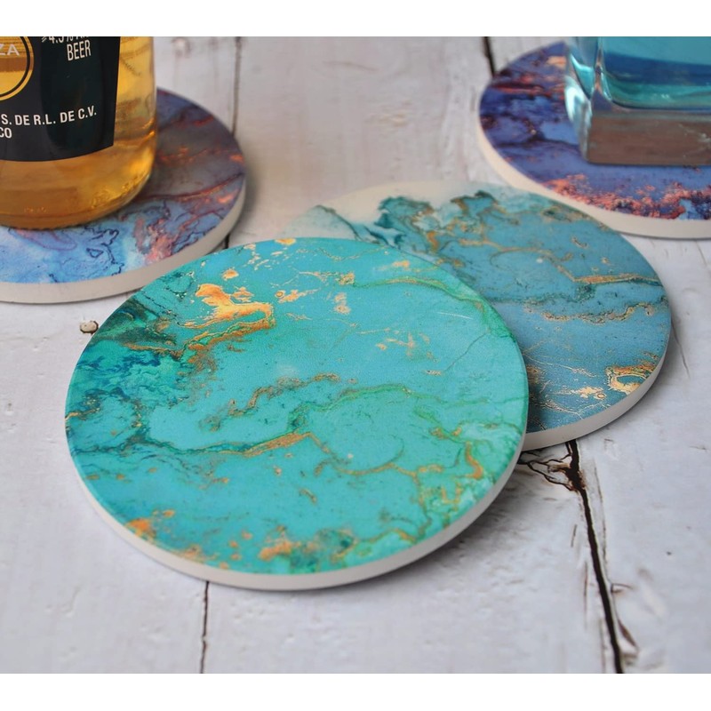 Absorbent Drink Coasters Set of 6, Blue Ceramic Coasters Cork