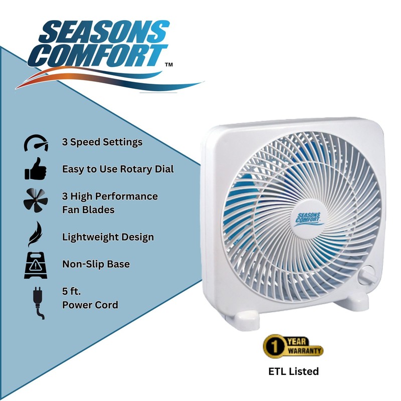 Seasons Comfort 9 Inch Tabletop Box Fan, 3 Speeds, Quiet