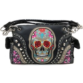 Justin West Fashion Mulitcolor Embroidered Floral Sugar Skull Women Purse Shoulder Handbag Flat Wallet (Black Handbag)
