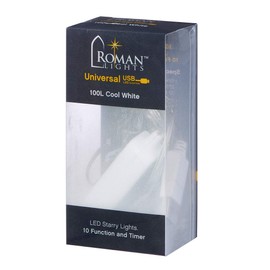 Roman Lights LED USB 100L Cool White 35 ft, Silver Wire Starry Light Set, 10 Function Controller, 8 on/16 Off Timer, String, Perfect for Lighting Trees, Railings and More