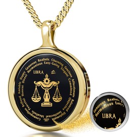 Gold Plated Silver Libra Necklace Zodiac Pendant Star Sign Birthdays 23rd September to 23rd October Jewelry Inscribed in 24k Gold on Black Onyx Gemstone, 18" Rolo Chain