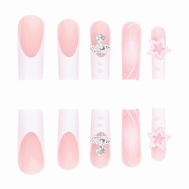 BABALAL French Tip Press on Nails Long Square Fake Nails White Glue on Nails 3d Planet Star Pearl Glitter Charm Shiny Acrylic Nails 24Pcs Squoval Stick on False Nails for Women and Girls