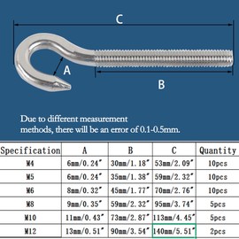 huruirui M8 5pcs Screw Hooks 304 Stainless Steel A2-70 Hook Screw Hooks with Thread Hook Heavy Duty Dowels, Hanging Item Hook Screw Bolts Outdoor Indoor Hanging Accessories