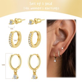 Yamobi 3 Pairs 14K Gold Women's Earrings Set, Waterproof Stud Earrings, Small Hoop Earrings, Hypoallergenic, Stackable Earrings Set for Multiple Piercings, Stud Earrings Hoop Earrings