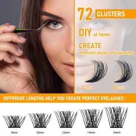 Lash Clusters D Curl 16mm 72 Clusters Lashes B&Q LASH Eyelash Clusters C D Curl Individual Lashes Volume DIY Lash Extensions at Home (B09,D-16mm)
