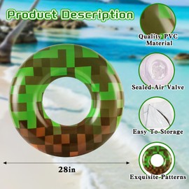 2 Pcs 28 Inch Pixel Party Pool Floats for Kids Adults, Floaties Pool Tubes Pixel Inflatable Swim Rings Toys for Summer Beach Birthday Party Water Park Fun Interactive Water Play Accessories