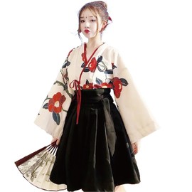 [maru5] Taisho Roman, Hakama, Kimono, Kimono, Yukata, Dress, Japanese Style, Cosplay, Ethnic Costume, Women's, Short, Camellia Pattern, Adult Cross-Dresses, Accessories, Black, L Size