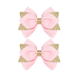 Koolgil 4-inch Glitter Hair Bow Clips Girls Sparkly Ribbon Bow Cheer Barrettes Alligator Hairpins for Baby Girls, Toddler, Kids and Teens Accessories Gift Set of 2 (Pink)