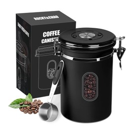 ROCKY&CHAO Airtight Stainless Steel Coffee Canister 1.5 L Coffee Beans Container 500 g Storage Container for Tea Nuts Cocoa Longer and Stay Fresh (Black)