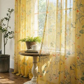 XTMYI Mustard Yellow Floral Sheer Curtains, Fun Vintage Retro Botanical Patterned Window Panel for Living Room Kitchen, Chinoiserie Inspired Whimsical Hummingbird Spring Decor, 84 Inches Long