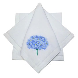 Embroidered Pretty Blue Hydrangea Cloth Napkins Set of 6, 18"x18" Hemstitch Table Napkins Machine Washable Cotton Dinner Napkin for Dining Room, Daily & Holidays, Wedding, Great Present Ideas