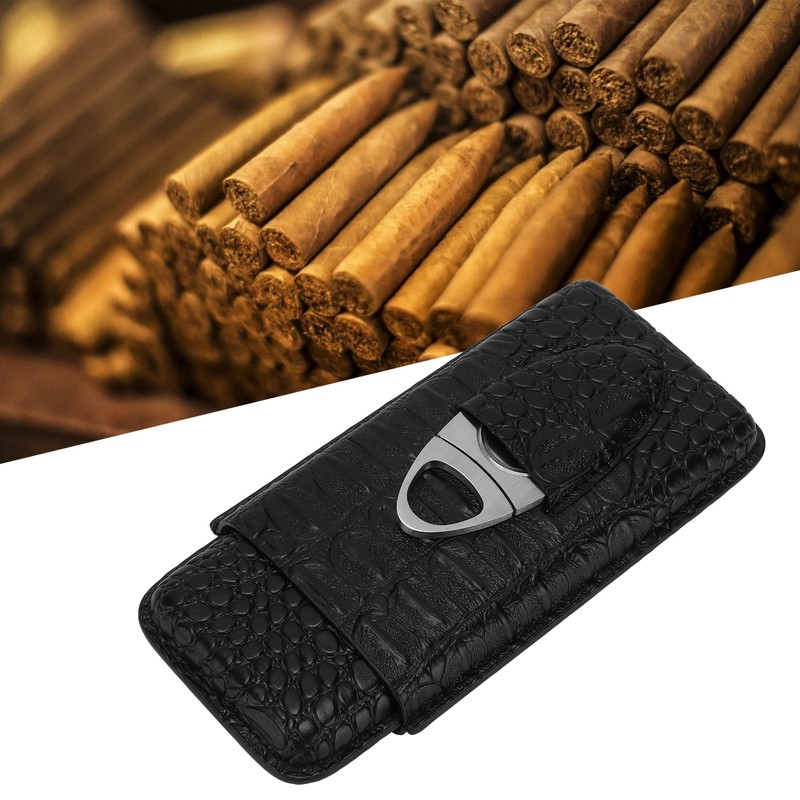 Cigar Case Portable Black Large Capacity PU Leather Caiman Pattern