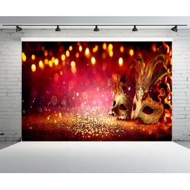 CHNYWORK 7x5ft Venetian Mardi Gras Backdrop Venice Carnival Feather Diamonds Mask Bokeh Red Glonden Background Venice Carnival Theme Masquerade Party Decor Photo Booth Studio Props Wallpaper