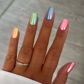 24 Stück French Press on Nails Kurz Eckig Regenbogen Aurora Fake Nails Ballerina Acryl Full Cover Fingernägel für Frauen mit Kleber & Feile