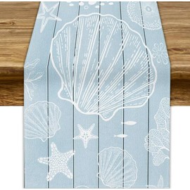 JanJCurt Beach Starfish Table Runner, Farmhouse Nautical Barn Wooden Plank Ocean Vintage Pastel Blue Teal Print Table Runner for Kitchen Dining Room Wedding Party Decor 13x60 Inch