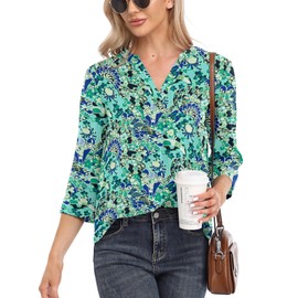 VIISHOW Womens Casual V Neck Rolled Sleeves Floral Printed Chiffon Blouse Top,Green Peacock Tail,Medium