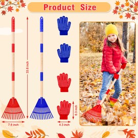 2 Pcs 35'' Kids Rakes for Leaves - Plastic Rake Head with 2 Pairs Kids Gloves, Small Kids Lawn Rakes Detachable Wooden Handle, Autumn Garden Tool Set for Kids Boys and Girls, Red & Blue