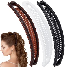 SmallCat 3pcs Large Banana Hair Clips for Women, Strong Claw Clip Hair Barrettes, Vintage Non-Slip Double Combs Hair Accessories for Thick, Long, Curly Hair - Black, White, Coffee (Wavy Edge)