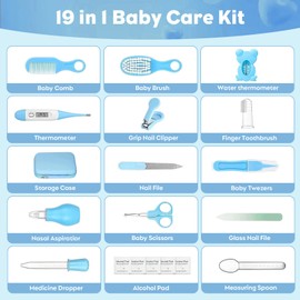 MEETOZ Baby Healthcare and Grooming Kit, 19 in 1 Infant Safety Care Set with Hair Brush Comb Nail Clipper Nasal Aspirator,Baby Essentials Kit for Newborn Girls Boys (Blue)