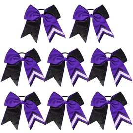 DEEKA 8PCS 8" Two Toned Large Glitter Cheer Bows Shiny Cheer Hair Bows Ponytail Holder Handmade for Cheerleader Girls Softball Sports -g Black/Purple