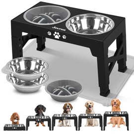 Jovrun Elevated Dog Bowls, Dog Feeder with 2 Stainless Steel Bowls &1 Slow Feeder Dog Bowls, 5 Heights Adjustable Raised Dog Bowls Stand for Medium Large Dogs, Dog Food Bowls with Non-Slip Feet
