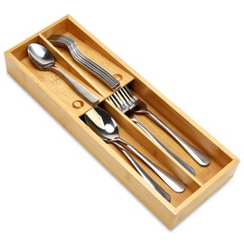 Bamboo Silverware Drawer Organizer Small Utensil Tray Wood Cutlery Organizer for Drawer Holder Narrow Flatware Caddy Wooden Kitchen Utensil Drawer Skinny Fork and Spoon Silverware Organizer Tray