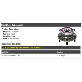 Front Wheel Bearing Hub Assembly - Compatible with 2016-2021 Mazda CX-9 2.5L 4-Cylinder