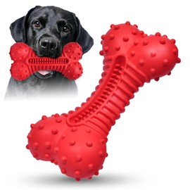 Ouilter Dog Chew Toys Bones for Medium Large Dogs Natural Rubber Bacon Flavor Durable Interactive Dog Toys for Boredom,Red