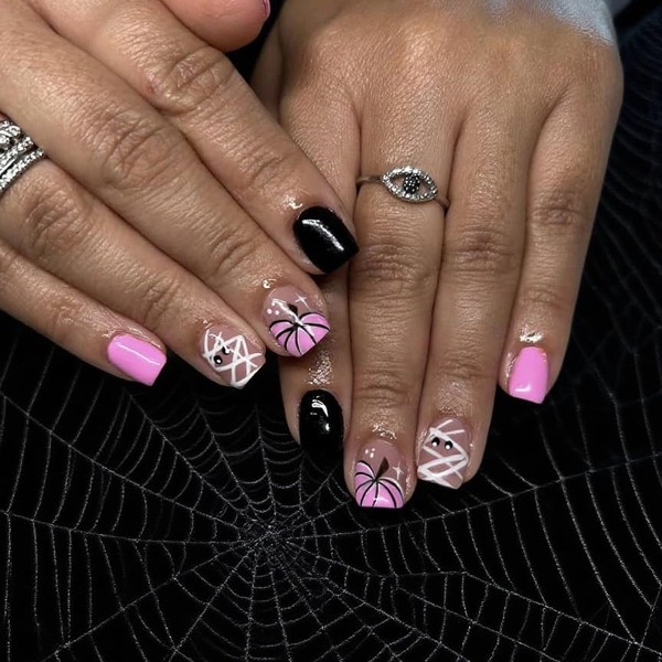Short Square Press On Nails Halloween Fake Nails Pumpkin With