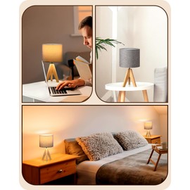 EDISHINE Vintage Table Lamp, Bedside Lamp, Grey, Tripod Wooden LED Table Lamp, Retro Country House, E27 Socket, Linen Lampshade for Decorative Bedroom, Living Room