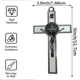 BONITTER Antique Silver Crucifix Wall Cross-St. Benedict Metal Wall Art-5.0 InchX2.7 Inch Black White Brown Enamel Give Blessing and The Spiritual Sacred:Faith Gift for your Acquaintances (White)