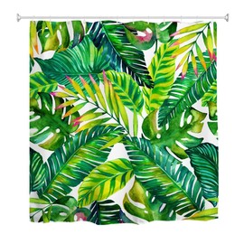 Goodbath Green Banana Leaf Shower Curtain, Tropical Palm Leaves Waterproof Fabric Shower Curtains Set with Hooks, 72 x 72 Inch, Green White